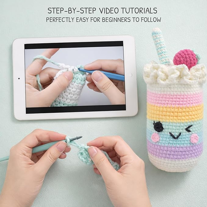 HOUSE CREATIVITY Beginner Crochet Kit for Adults, Beginners Crocheting Knitting Kit with Yarn Sets, Step-by-Step Video Tutorials,Animal Craft Kit, Holiday Birthday Gifts(Cup with Straw)