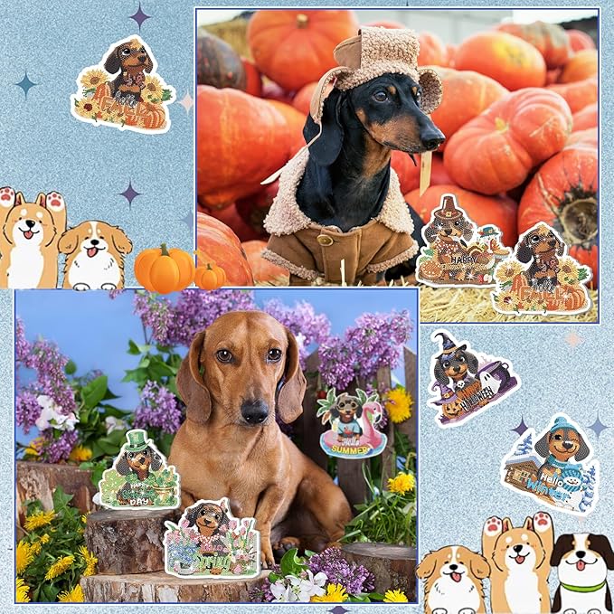 Cinnvoice 12 Pcs Seasonal Diamond Art Wreath Kits Holiday 5d DIY Diamond Art Hanging Signs Winter Spring Ornaments for Wall Door Decoration(Dachshund)