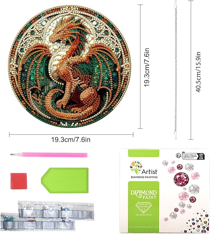Lxmsja DIY Dragon Stained Glass Diamond Painting Hanging Ornament, Double-Sided Acrylic Fantasy Dragon Diamond Art Kit, Special Shaped Suncatcher Hanging Pendant Window Art Kit