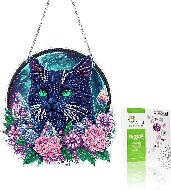 VAIIEYO Black cat Diamond Art Hanging Ornament, Animal Diamond Painting Suncatchers Window Hanging Kit with Chain, 7.5x7.5 inch Crystal Pendant Art Craft for Gift Home Wall Front Door Decoration