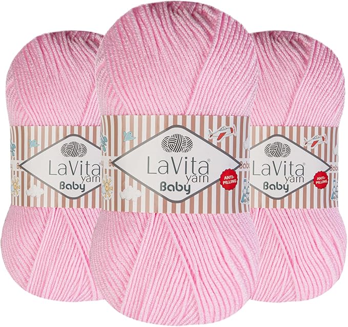LaVita Baby Premium Anti-Pill Acrylic Yarn - 820 Yards, 3 x 3.5 oz - Warm, Airy Fiber with Silky Texture - Oeko-TEX Certified, Durable, Lightweight, Long-Lasting, Solid Pastel Colors - 3 Skeins Pack