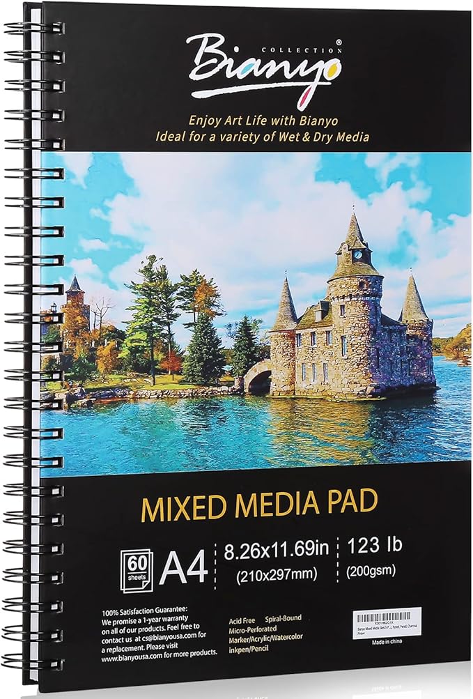 bianyo mixed media paper pad, a4 (8.26" x 11.69"), 60 sheets/each, 123 lb/200 gsm, pack of 1 pad, spiral-bound pad, ideal for wet & dry media like art marker, watercolor, acrylic, pastel, pencil