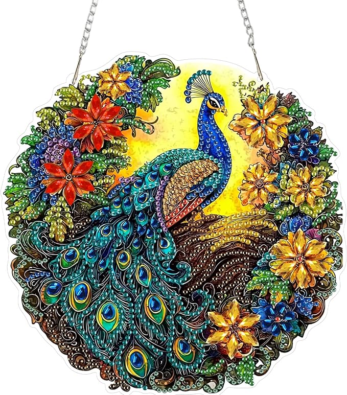 SENQAO Peacock Diamond Art Hanging Kit for Adult, Special Shaped Rhinestone, DIY Acrylic 5D Diamond Art Painting Window Pendants Home Garden Wall Hanging Kits Hanging Ornament