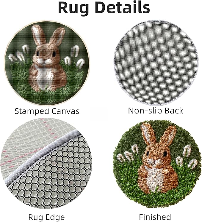 Latch Hook Rug Kit Brown Rabbit in Grass Easy for Beginners Round Shape Carpet Crochet Yarn Craft Mini Rug DIY Hook and Latch Little Tapestry for Home Decor 30x30cm