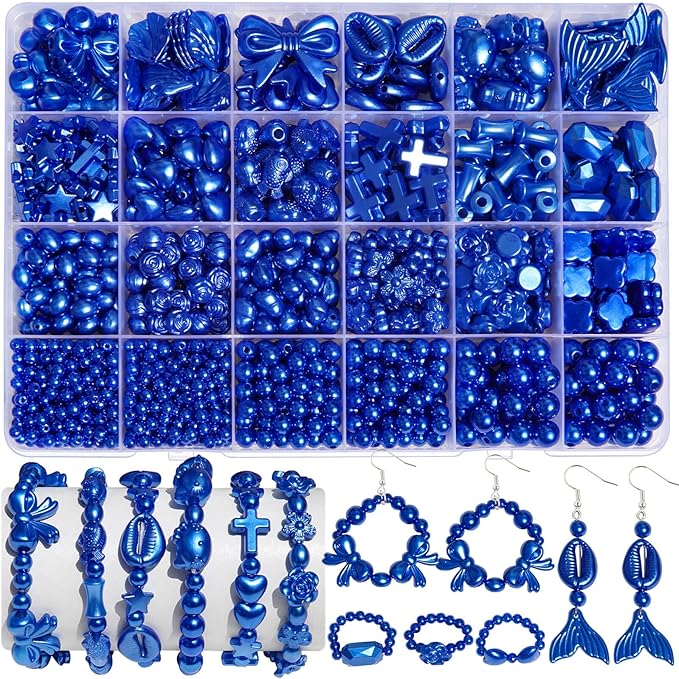 1170 Pcs ABS Imitation Pearl Beads for Jewelry Making, Assorted Heart Star Bowknot Circle Flower Aesthetic Cute Bead for Bracelet Necklaces Earrings Key Chains DIY Phone Charm Crafts (Blue)