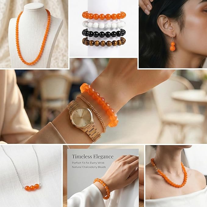 8mm Natural Orange Chalcedony Round Bead - 45PCS Bulk Gemstone Beads for Jewelry Making, DIY Bracelets, Necklaces - Includes Crystal Stretch Cord - Stone Beads for Crafting Gifts