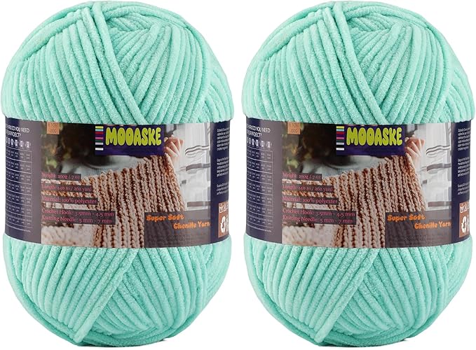 Chunky Velvet Yarn for Crocheting, 2-Pack 14.1oz 524.8 Yards Total, Super Soft Chenille Plush Yarn for Baby Blankets, Amigurumi, Scarves | 20 Colors (2, Aqua Green)