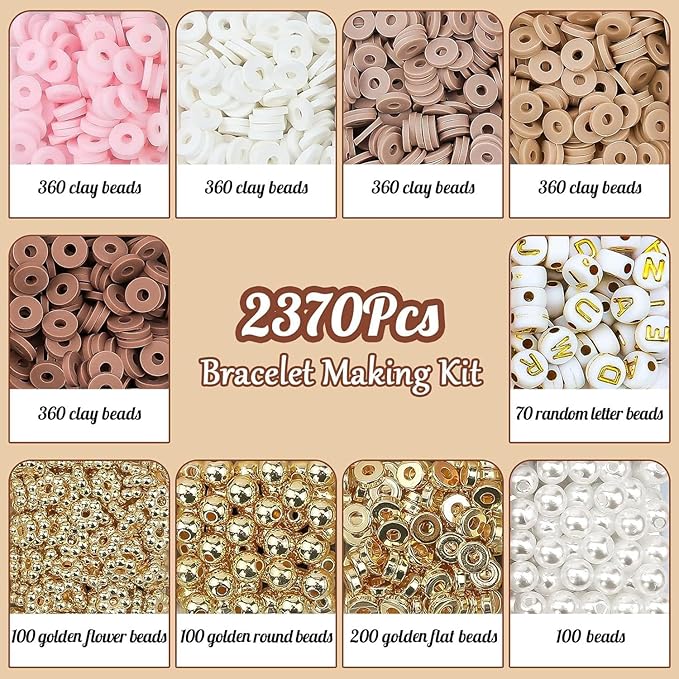 Believo Polymer Clay Beads Kit for DIY Jewelry with Elastic Cord, Colorful Flat Heishi Beads and Spacer Pieces – Ideal for Friendship Bracelet & Necklace Making (Camel Pink White 24)
