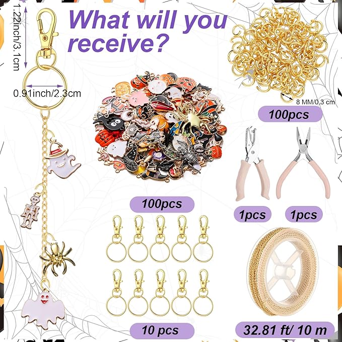 VioraWhite 213 Pcs Halloween Theme Lip Gloss Keychain Making Kit 100 Pink Enamel Charms 32.81 ft Gold Chains for DIY Crafts Women