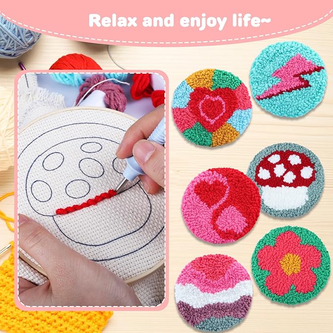 AIRDEA Punch Needle Drink Coasters Kit,Casual Punch Needle Embroidery Complete Kits for Beginner 3.29x3.29 Inches,Included All Accessories,DIY Car Coasters (red Green)