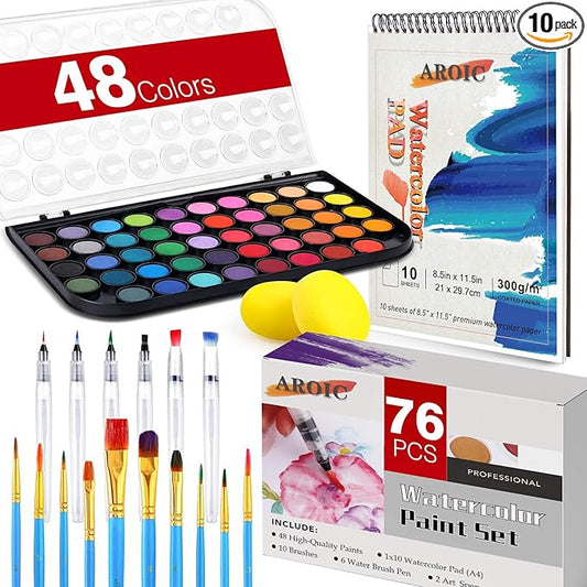 Watercolor Paint Set, 48 Color Watercolor with 10 PCS Nylon Brushes,6 PCS Refillable Water Brush Pen, 10 Page Pad(A4) and 2 PCS Art Sponges. Watercolor Paint set for Adults,Children Age 12+ and Beginners