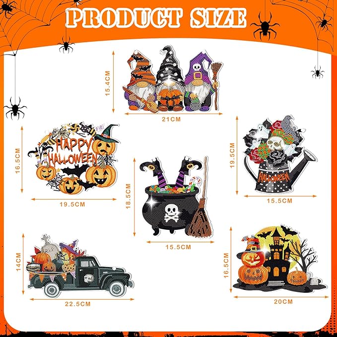 Chitidr 6 Pcs Halloween Diamond Painting Hanging Sign Set Witch Pumpkin Gnome Diamond Art Paint Arts Set 5D DIY Ornaments Kits for Halloween Wall Door Window Decor