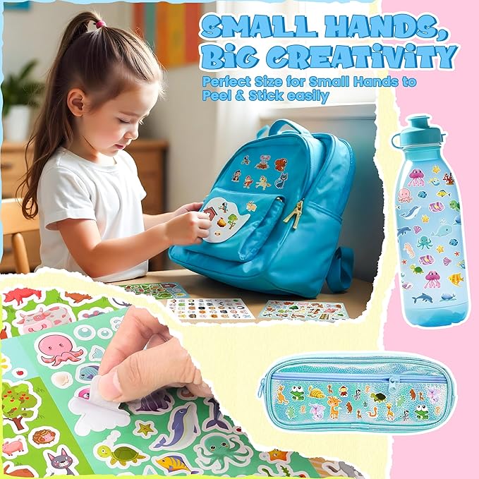 sinceroduct stickers for kids, 1300+ cute animals water bottle sticker, 8 sheets of children stickers with different theme scrapbooking for classroom, christmas day, crafts, party favors, decorations