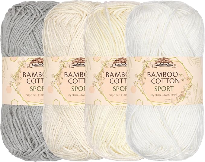 JubileeYarn Bamboo Cotton Sport Yarn - 50g/Skein - Shades of White - 4 Skeins