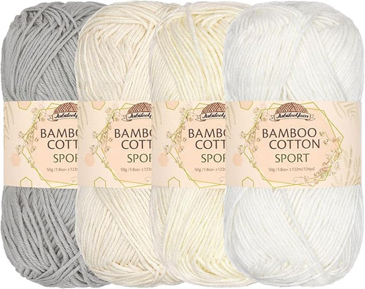JubileeYarn Bamboo Cotton Sport Yarn - 50g/Skein - Shades of White - 4 Skeins