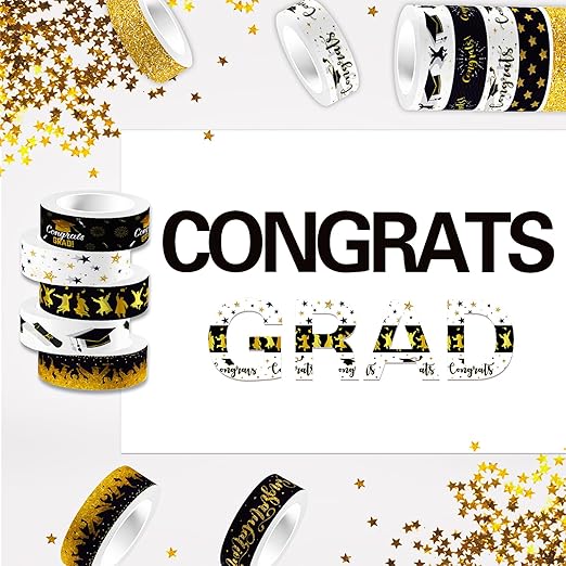 12 Rolls Graduation Washi Tape, Black Foil Gold Congrats Grad Masking Tapes, Congratulations Grad Cap Decorative Paper Stickers for Graduation Scrapbook Gift Wrapping DIY Art Crafts 16.4FT