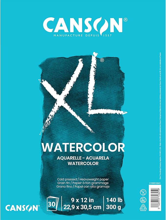 Canson XL Series Watercolor Textured Paper Pad for Paint, Pencil, Ink, Charcoal, Pastel, and Acrylic, Fold Over, 140 Pound,, 9” x 12”, 2 Pack, Fold Over Cover, 30 Sheets