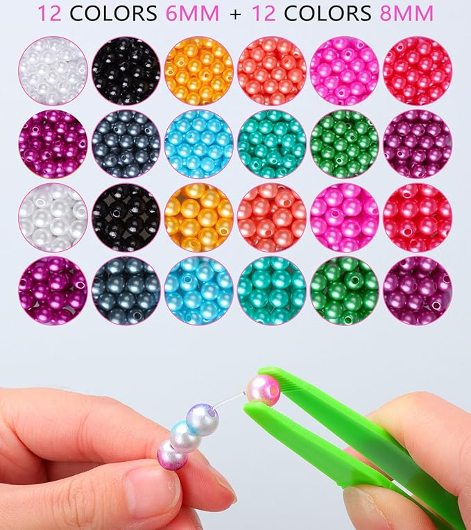 HINSOCHA Beads Bracelet Making Kit - 1020Pcs 6mm and 8mm Pearl-Like Beads for Jewelry Making, Gifts for Kids & Adults - Vibrant