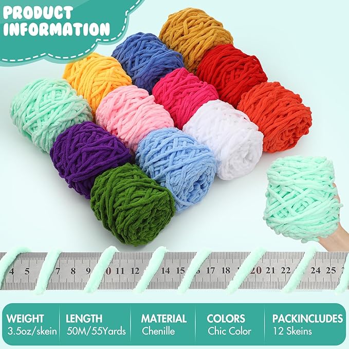 Buryeah 12 Pack Chunky Chenille Yarn for Crocheting Soft Thick Fluffy Yarn for Hand Knitting Bulky Velvet Blanket Plush for Weaving DIY Crafts Each 3.5 oz 55 Yards (Chic Colors)