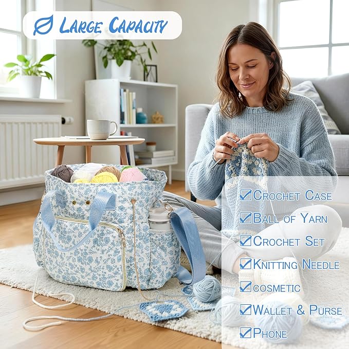 SilTriangle Large Blue Floral Quilted Crochet Knitting Bags and Totes Organizer Cotton Yarn Hook Bag Holder Christmas Corduroy Gift for Crochet Lover Crocheting Accessories, Needle with Zipper, Size L