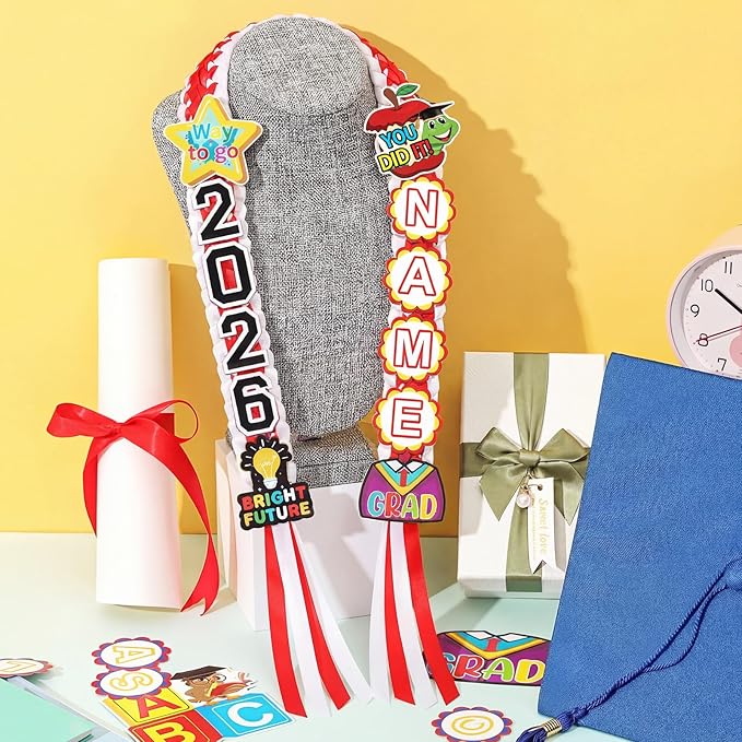 Juexica Kindergarten Graduation Ribbon Leis Class of 2026 Braided Necklace Making Kit with Alphabetic Decorative Cards Preschool Kids Grad Graduation Party Gifts(Red, White)