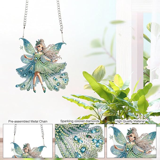 AiYuanzsh Green Butterfly Fairy Diamond Art Painting Hanging Pendant Kit Special Shaped Diamond Dots Art Acrylic Ornaments Diamond Art Painting Pendant for Adult Home Wall Window Decor Gift