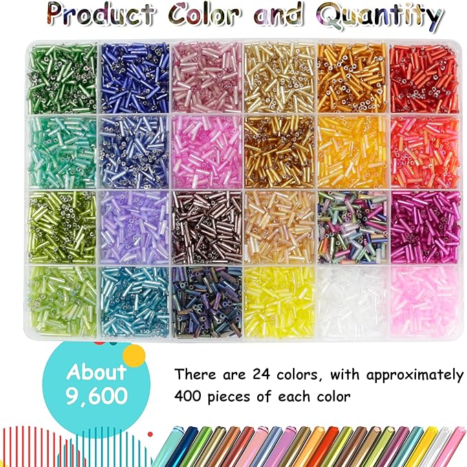 9600Pcs 7mm Tube Beads Kit Glass Bugle Seed Beads Small Craft Bead with Two Crystal String for Jewelry Making DIY Crafting Bracelet Necklaces Embroidery, Home Decoration (24 Colors)