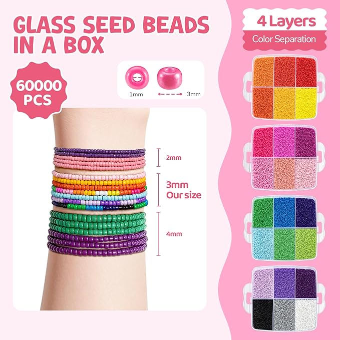 Umikk 3mm 60000pcs Glass Seed Beads Bulk, 24 Colors Small Beads Kit for Jewelry Making Bracelet Making DIY Art Craft Girls Tiny Beads Christmas Gifts (Handle Box)