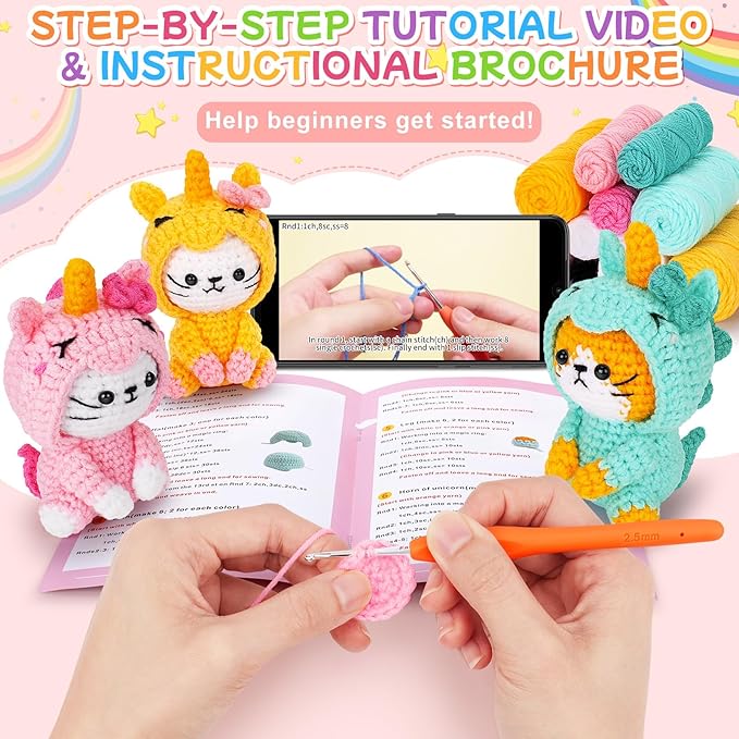 Crochet Kit for Beginners - 3 PCS Unicorn Cat Crochet Kits with Step-by-Step Video Tutorials, Beginner Crochet Kit for Adults, Crochet Animal Kit for Starters, Cat Dressed as Unicorn Set