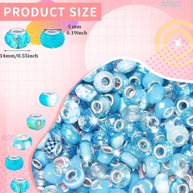 200Pcs Large Hole Beads Spacer Beads Sky Blue Assorted European Craft Big Beads Large Hole Lampwork Murano Bead Fairy Wand Garden Bead for DIY Bracelet Necklace Jewelry Making Decoration Supplies