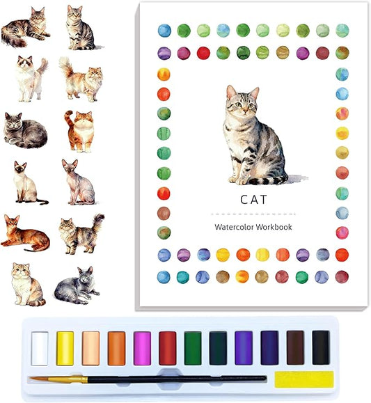 Watercolor Workbook Creative Insect Water color Paint Book Set with Paints & Brush, 12 Patterns of Original DIY Designs, Beginner-Friendly Adult Coloring Books (Cat)