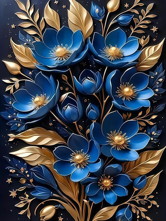 BYGFHLYW 5D Diamond Art Kits for Adults, Blue Flower Diamond Painting Kits for Adults Beginner, Full Drill Round Paint by Diamonds Dot Gem Art for Home Wall Decor 12x16inch