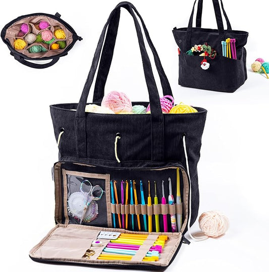 Large Yarn Tote Organizer – Corduroy Knitting Storage Holder for Yarn, Hooks & Accessories, Portable Craft Carryall for Crocheting Lovers, Mother’s Day Gift