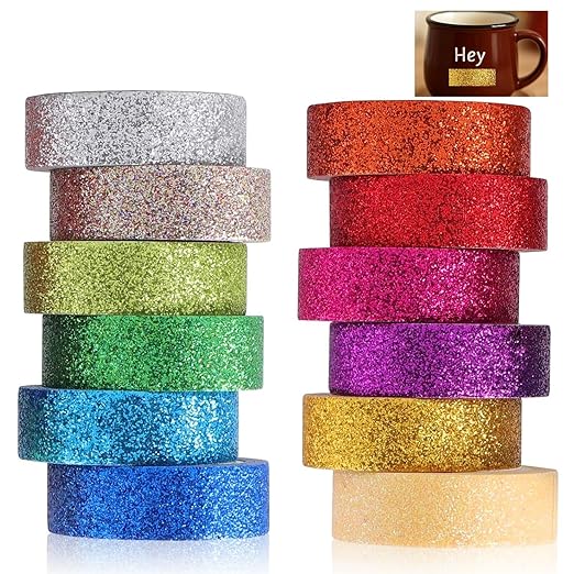 12 Rolls Glitter Washi Tape Set Christmas Washi Masking Tape Decorative Adhesive Tape for Scrapbooking DIY Crafts Crafters Embellished Journals Planners Cards Gift Wrapping Ribbons Wedding (A)