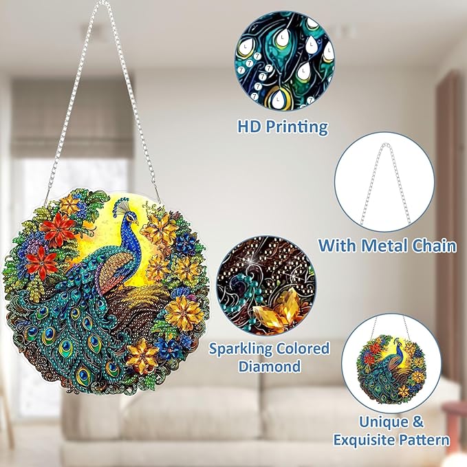 SENQAO Peacock Diamond Art Hanging Kit for Adult, Special Shaped Rhinestone, DIY Acrylic 5D Diamond Art Painting Window Pendants Home Garden Wall Hanging Kits Hanging Ornament