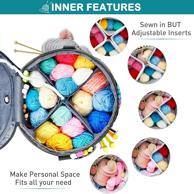 Expandable Yarn Storage Organizer, Crochet Bag & Yarn Tote with Zipper Closure, Yarn Holder for Crocheting and Knitting for Yarn Skeins, Hooks, Needles, Accessories – Gift for Crafters
