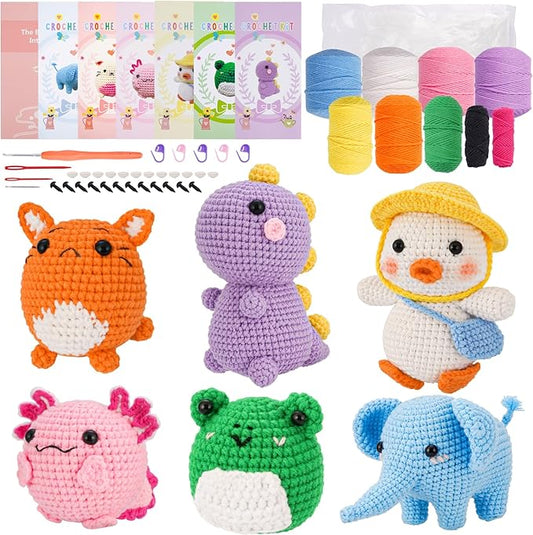 Gerute 6Pcs Crochet Kit for Beginners,Crochet Animal Kit with Step-by-Step Video Tutorial, Crocheting Kit for Starters, Beginner Crochet Kits for Adult Kid Women Men Complete Kit Included （40%+ Yarn