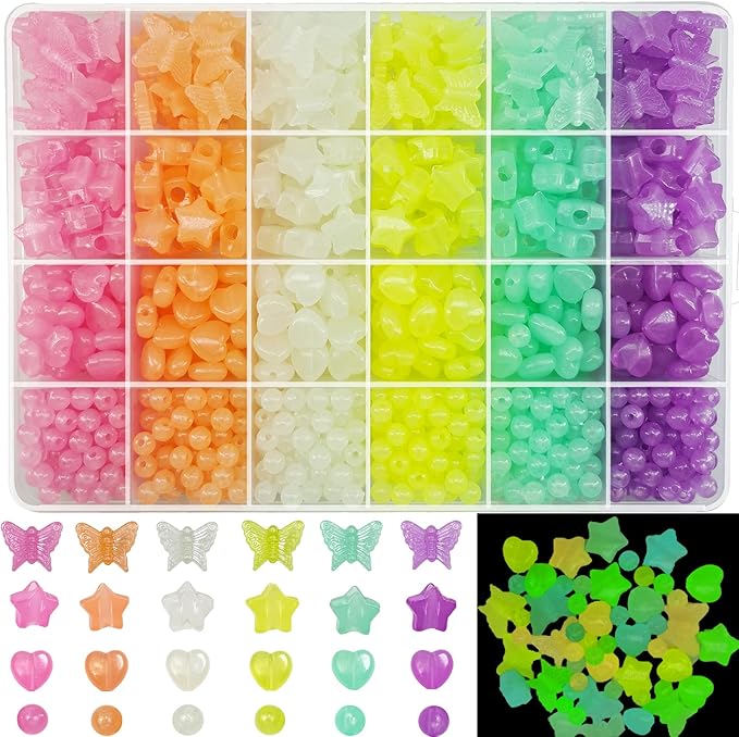 888Pcs Glow in The Dark Beads Star Beards Butterfly Beads Heart Beads UV Beads Color Changing Sun Sensitive Luminous Beads Plastic Beads Fun Cute Solar Beads Bulk for Bracelet Necklace Jewelry Making