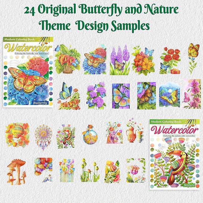 2Pcs Adults Water Coloring Book: 24 Advanced Exquisite Patterns – 100% Cotton 300gsm Paper, A4 Size – for Beginners & Professionals to Enhance & Consolidate Watercolor Techniques (Nature & Butterfly)
