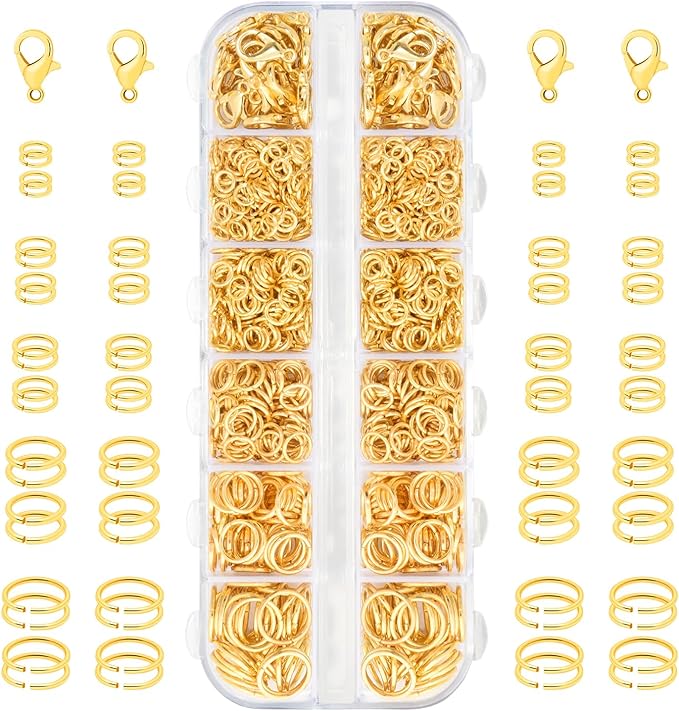 1200pcs Jump Rings for Jewelry Making Supplies, Necklace Repair Assorted Kit, 12mm Lobster Clasp 5 Size Jump Ring for Jewelry Clasps and Closures (Gold)