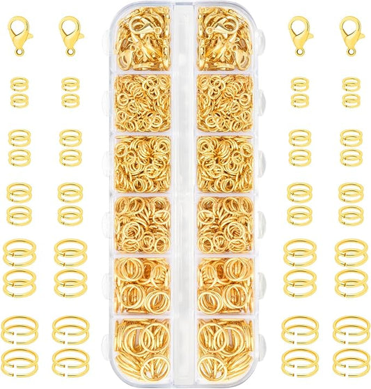 1200pcs Jump Rings for Jewelry Making Supplies, Necklace Repair Assorted Kit, 12mm Lobster Clasp 5 Size Jump Ring for Jewelry Clasps and Closures (Gold)