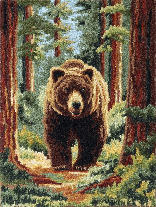 DIY Latch Hook Rug Kit Brown Bear in Forest Easy for Beginners Crochet Yarn Hook and Latch Tapestry Mat Cushion Craft Set for Home Decor 38x52cm-2