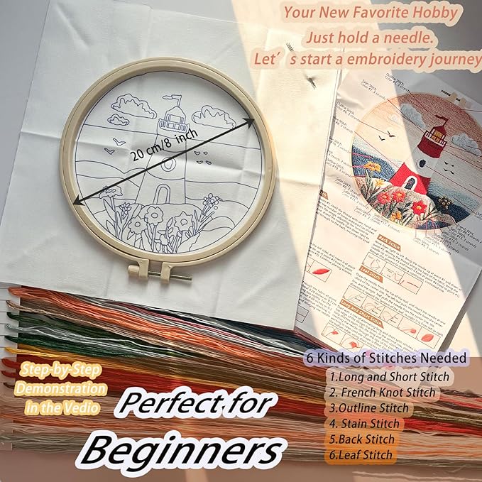 FONNUY Embroidery Kit for Beginners, Lighthouse Landscape Flowers Pre-Stamped Pattern Kits for Adults with Hoop, Easy to Follow Color Thread Needlework, 8'' Hoop (Orange)