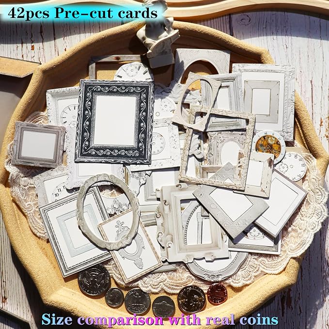 CATaireen Vintage Junk Journal Items Kit Pre Cut Paper Cards Cutout Cardstock Art Aesthetic Decor Hollow Out Craft Elements Small Embellishments Supplies for Adults Scrapbook Pack (Photo Frame White)