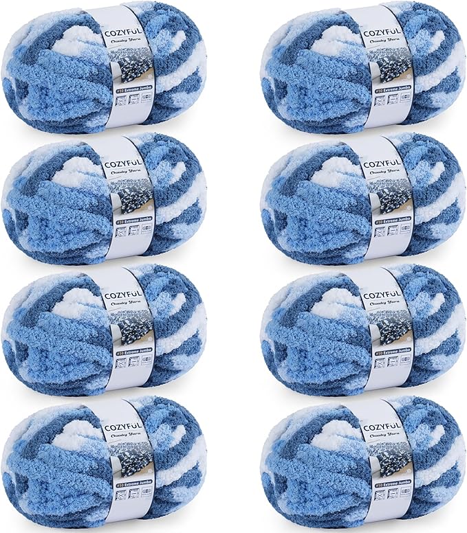 Chunky Yarn for Hand Knitting - #10 Chunky Chenille Blanket Yarn, Jumbo Big Thick Chunky Yarns for Crocheting, Tie Dye Bulky Knit Yarns, 8 Skein (25 yds 8 oz Each Skein), Sky&Navy&Royal&White