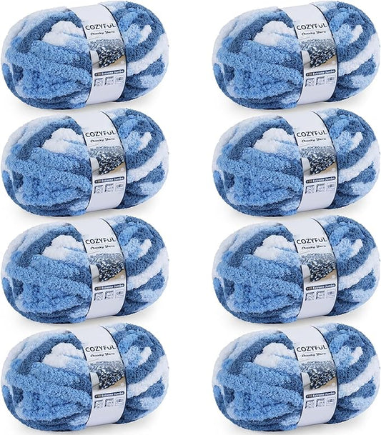 Chunky Yarn for Hand Knitting - #10 Chunky Chenille Blanket Yarn, Jumbo Big Thick Chunky Yarns for Crocheting, Tie Dye Bulky Knit Yarns, 8 Skein (25 yds 8 oz Each Skein), Sky&Navy&Royal&White