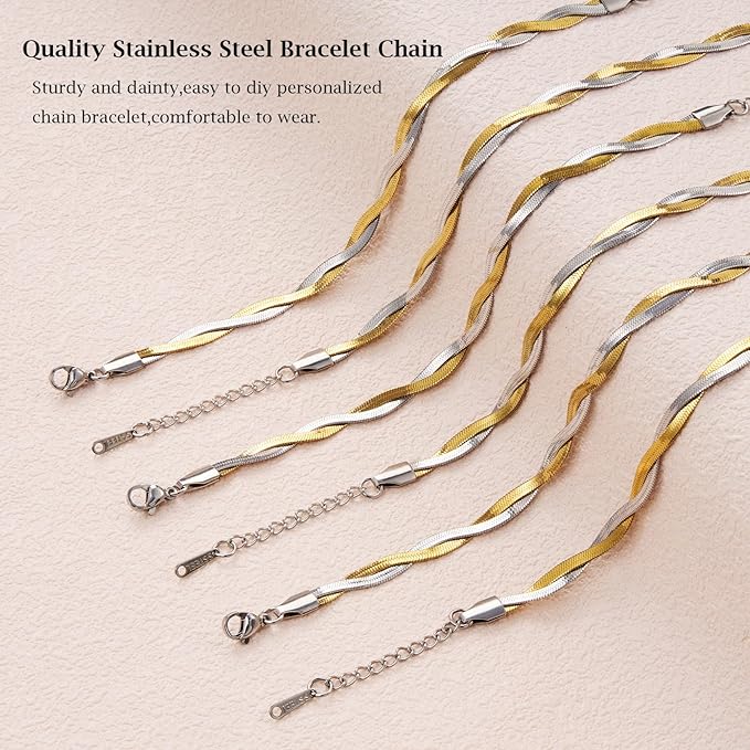 KYUNHOO 6.7 Inches Gold and Silver Twisted Bracelet Chain Set 10 PCS Stainless Steel Herringbone Snake Chains for Bracelets Making with Lobster Clasps and Adjustable Extender