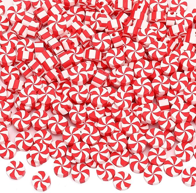 Augshy 300Pcs Peppermint Candy Clay Beads,Christmas Red and White Round Polymer Clay Beads for Jewelry Making Xmas Crafts fBracelets Necklaces Earrings and Holiday