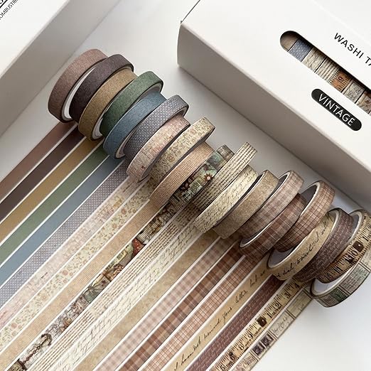 YUBX Vintage Washi Tape Set 20 Rolls Skinny Retro Decorative Antique Patterns Masking Tapes for Arts, DIY Crafts, Journals, Planners, Scrapbook, Wrapping (Vintage)