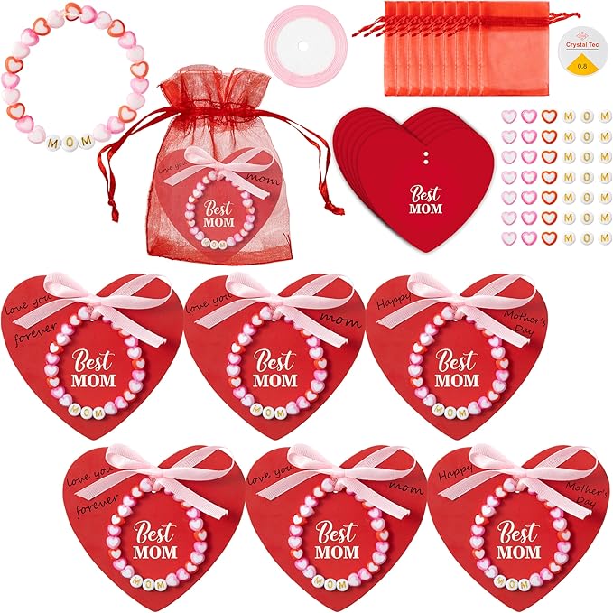 BeYumi Mom Bracelet Craft Kit - 48 Pack Mother's Day Mom Letter Heart Beads Bracelets with Heart Gift Cards and Bags DIY Thankful Craft Kit to Mothers School Classroom Party Fun Activities Age 6-12